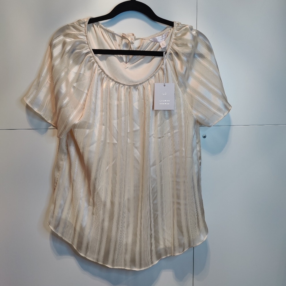 LC Lauren Conrad Cream Metallic Stripe Blouse Small Keyhole Back Flowy Top NWT - Picture 6 of 8